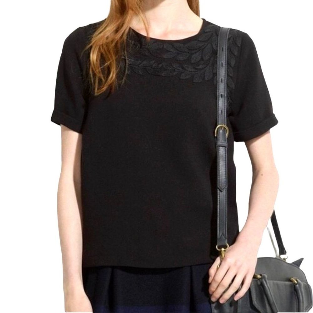 Madewell Women's Black Short Sleeve Round Neck Leaf Embroidered Pullover Top S